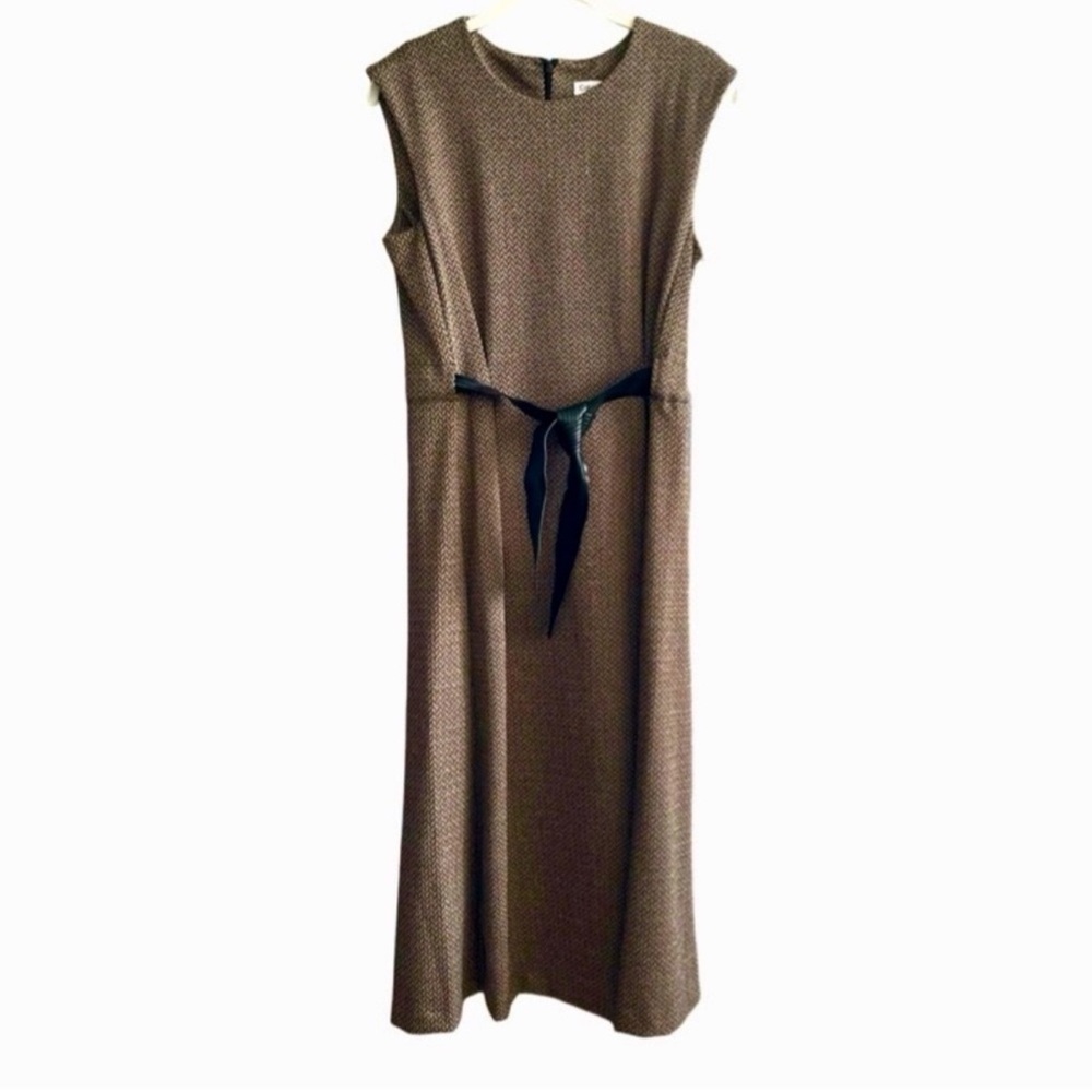 NEW Calvin Klein Sleeveless Belted Dress A-line Lurex Black Brown Tan Size 4 - Picture 2 of 13